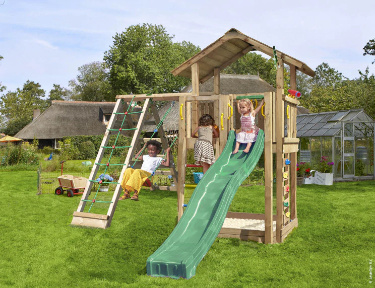 Jungle Chalet | Wooden climbing frame with swing & climbing net Jungle Chalet | Wooden climbing frame with swing & climbing net