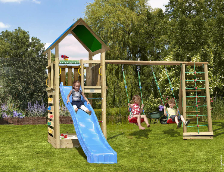 Jungle Lodge | Wooden climbing frame with swings & climbing net Jungle Lodge | Wooden climbing frame with swings & climbing net