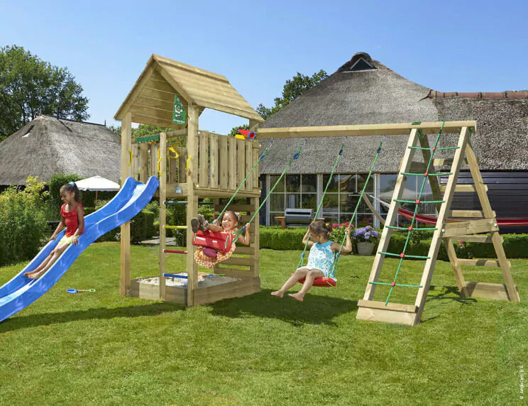 Jungle Cabin | Wooden climbing frame with swings & climbing net Jungle Cabin | Wooden climbing frame with swings & climbing net