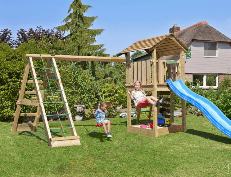 Jungle Cottage | Wooden climbing frame with swings & climbing net Jungle Cottage | Wooden climbing frame with swings & climbing net