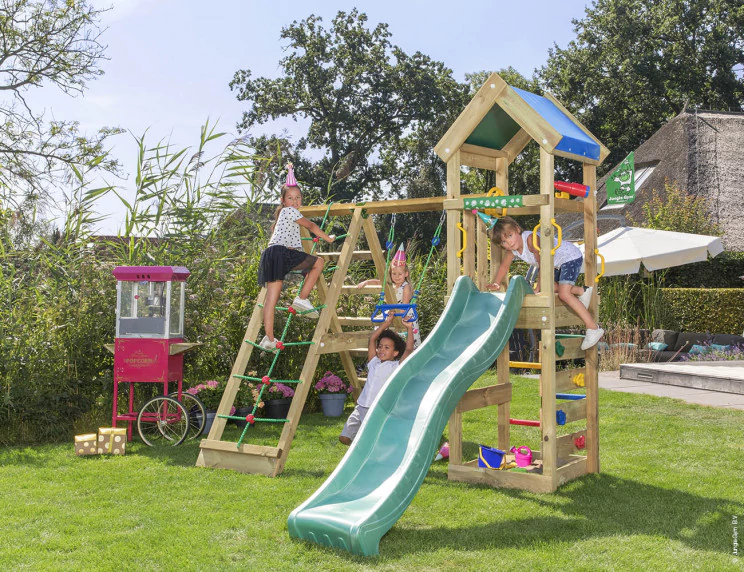 Jungle Patio | Wooden climbing frame with swing & climbing net Jungle Patio | Wooden climbing frame with swing & climbing net