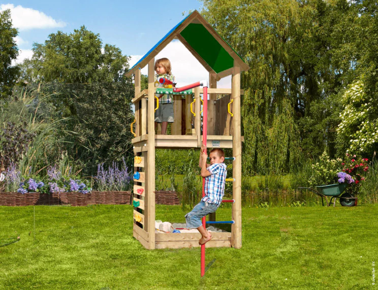 Jungle Lodge | Wooden climbing frame with fireman's pole Jungle Lodge | Wooden climbing frame with fireman's pole