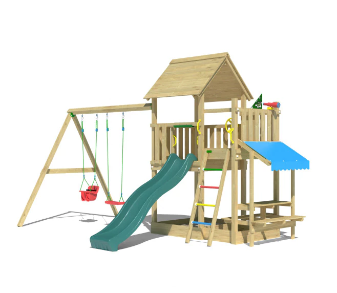 Jungle Lagoon | Wooden climbing frame with double swing Jungle Lagoon | Wooden climbing frame with double swing