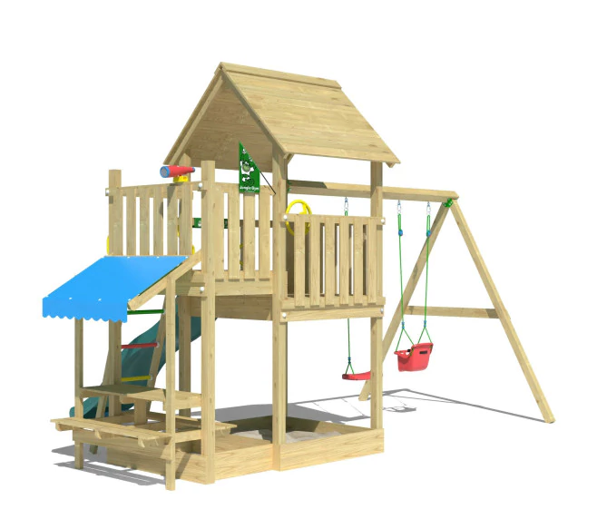 Jungle Lagoon | Wooden climbing frame with double swing Jungle Lagoon | Wooden climbing frame with double swing