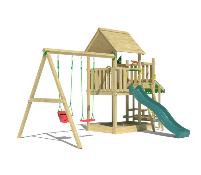 Jungle Lagoon | Wooden climbing frame with double swing Jungle Lagoon | Wooden climbing frame with double swing