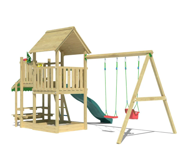 Jungle Lagoon | Wooden climbing frame with double swing Jungle Lagoon | Wooden climbing frame with double swing