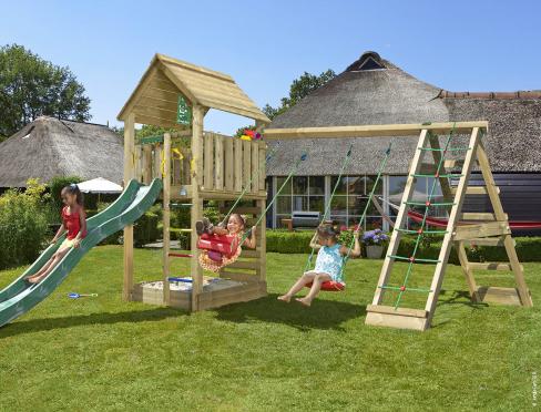 Jungle Cabin | Wooden climbing frame with swings & climbing net