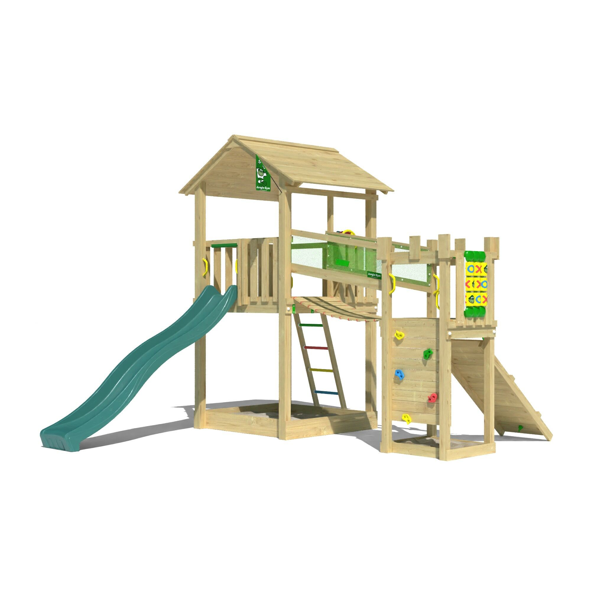 Wooden climbing frame with two towers, green slide, ladder, and bridge module