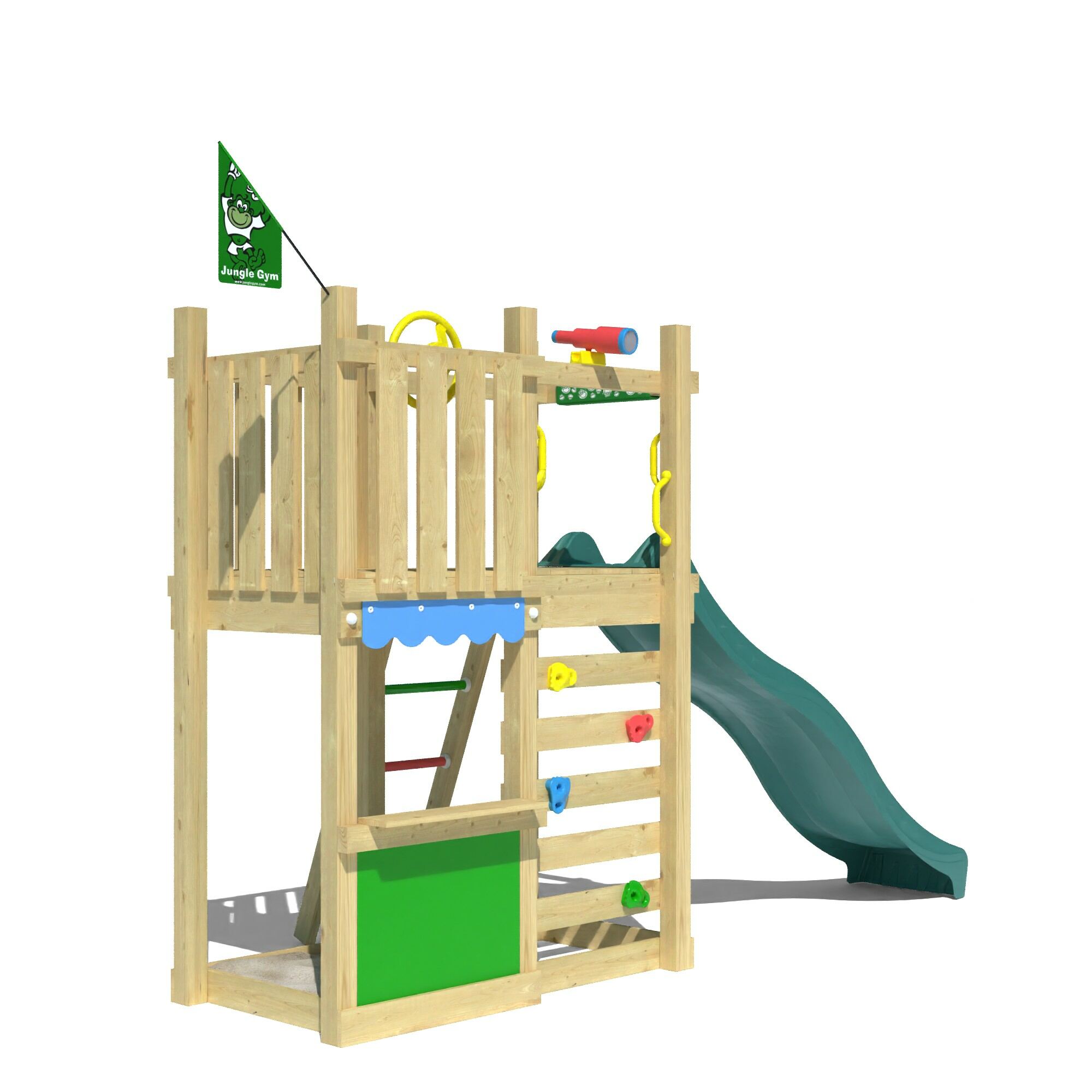 Wooden climbing frame with a green slide, ladder, and market stall